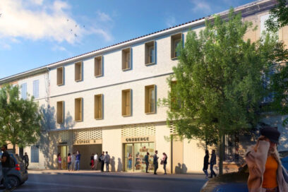 Croquis du futur Espace R avenue Jeanne d'Arc. On y voit la façade rénovée de l'ancienne usine de dragées Régence avec notamment des ensiegnes "Espace R" et "Commerce" - Agrandir l'image, fenêtre modale