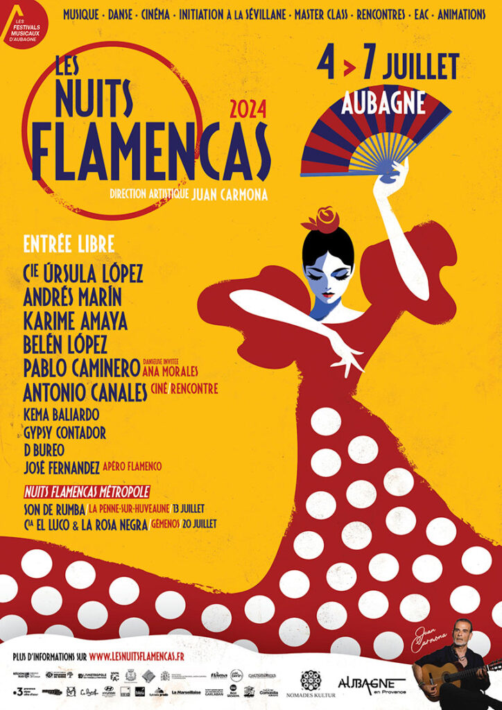 L'affiche des Nuits Flamencas d'Aubagne 2024.
Dessin stylisé d'une danseuse de flamenco en robe rouge à pois blanc sur un fond jaune uni - Agrandir l'image, fenêtre modale