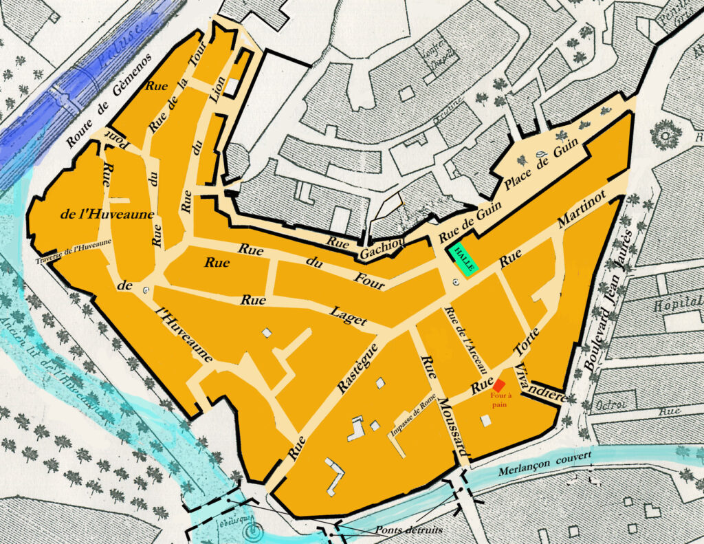 plan délimitant en orange l'agrandissement de la ville basse d'Aubagne au quinzième siècle - Agrandir l'image, fenêtre modale