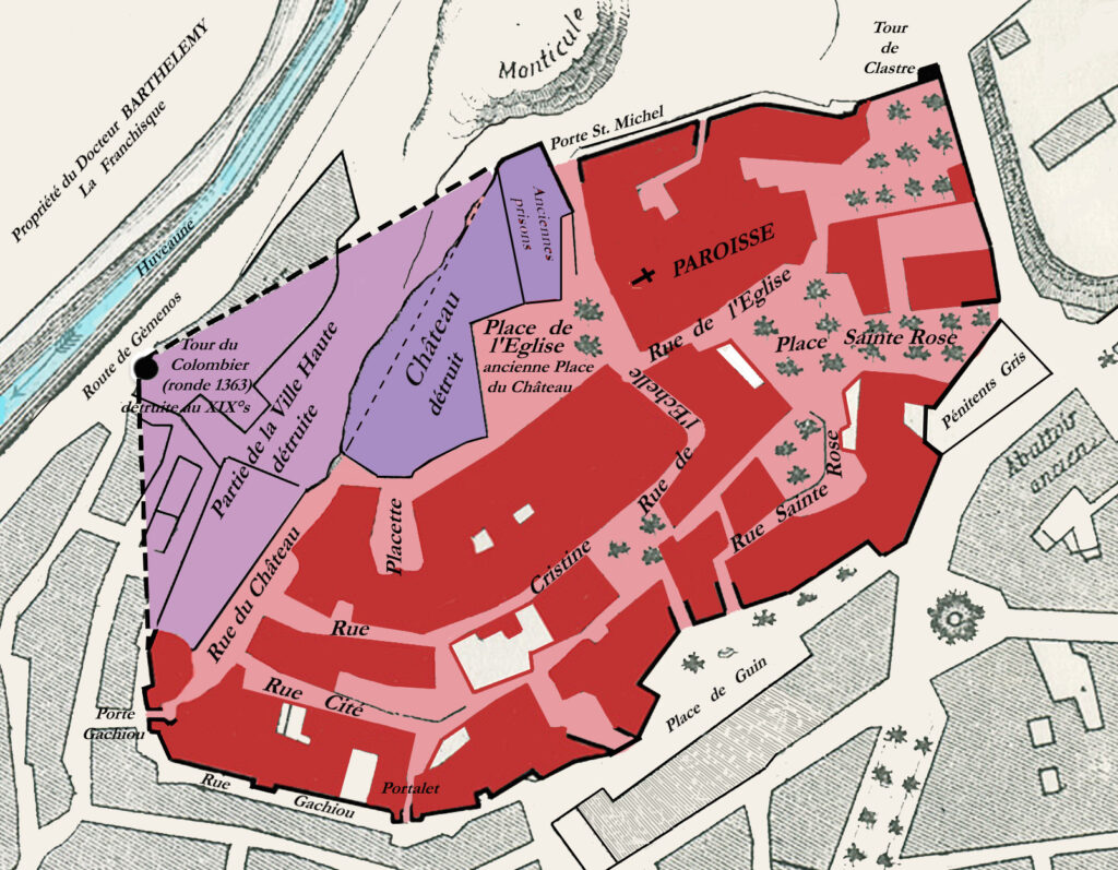 Plan d'Aubagne avec délimitation de la ville haute de l'Huveaune à l'actuelle place de Guin. - Agrandir l'image, fenêtre modale