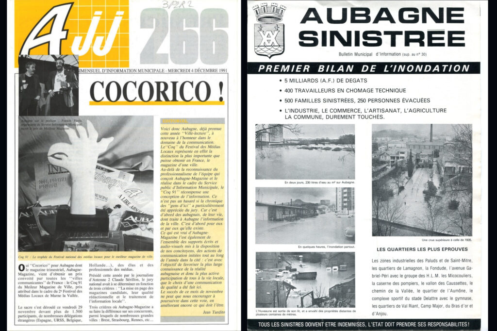Une de l'AJJ du 4 décembre 1991 : attribution du Coq du meilleur magazine de ville à Aubagne Magazine. Une du supplément au Bulletin Municipal d'Information n°30 : inondations de 1978 - Agrandir l'image, fenêtre modale