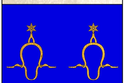 En haut une bande blanche avec trois étoiles rouges à cinq branches. Le reste du blason est bleu avec deux étriers au milieu. - Agrandir l'image 2 sur 4, fenêtre modale