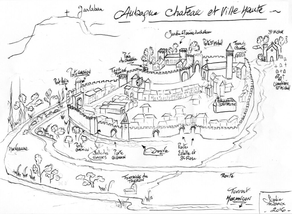 Dessin de la ville ancienne entourée de remparts et de tours. - Agrandir l'image, fenêtre modale