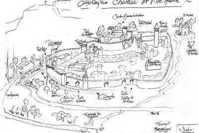 Dessin de la ville ancienne entourée de remparts et de tours. - Agrandir l'image 1 sur 2, fenêtre modale