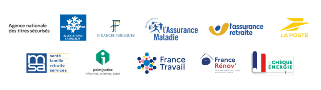Logos des administrations représentées au sein de France Services : L'Agence nationale des titres sécurisés - Allocations familiales - Finances publiques  - L'Assurance Maladie - L'Assurance Retraite - La Poste - MSA - Point justice - France Travail - France Rénov' - Le chèque énergie - Agrandir l'image, fenêtre modale