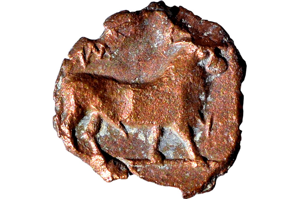 Pièce de monnaie grecque représentant un taureau de biais - Agrandir l'image, fenêtre modale