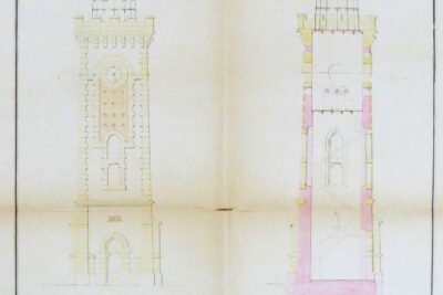Plan en élévation, en coupe et des fondations de la tour de l'horloge. Le plan est aquarellé en jaune et rose clair. - Agrandir l'image 3 sur 3, fenêtre modale