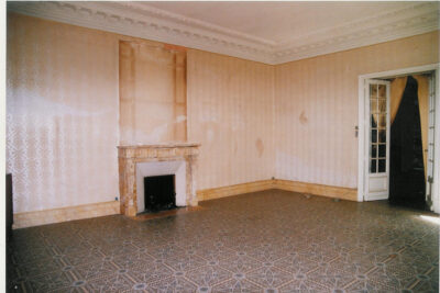 Grande pièce vide avec pour seul décor une cheminée en marbre, un sol en carreaux de ciment décorée et une double frise en plâtre mouluré avec denticules et feuillages - Agrandir l'image 5 sur 6, fenêtre modale