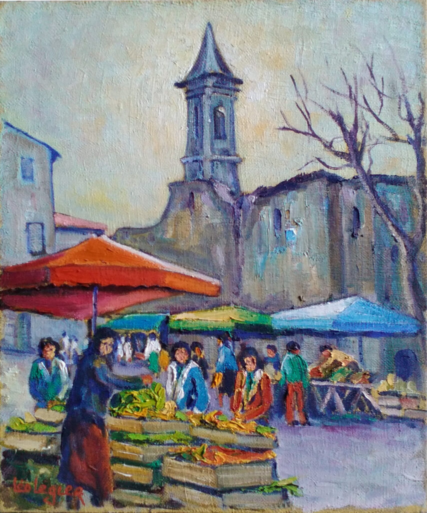 Peinture représentant une vendeuse de fruits et légumes au premier plan, puis le marché et en arrière-plan le clocher de l'Observance - Agrandir l'image, fenêtre modale