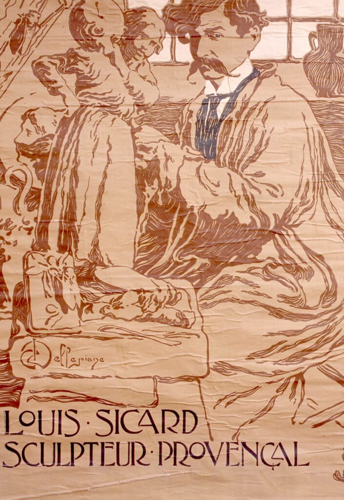 Affiche couleur argile représentant Louis Sicard dans son atelier en train de sculpter une femme avec une cruche sur l'épaule - Agrandir l'image, fenêtre modale