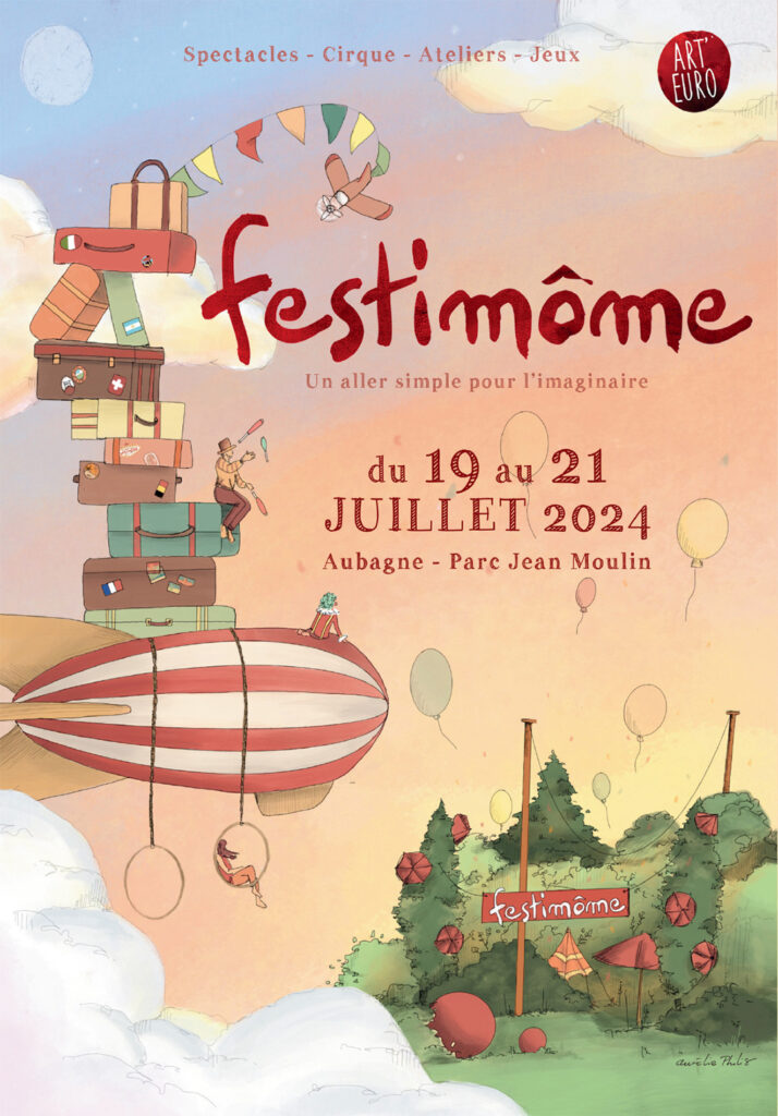 L'affiche de l'édition 2024 de Festimôme avec un dirigeable rouge et blanc qui transporte plein de valises empilées sur lui, ainsi que des artistes qui regardent leur destination. :le parc Jean-Moulin aux couleurs du efstival, avec ses désormais célèbres parapluies rouges dans les arbres - Agrandir l'image, fenêtre modale