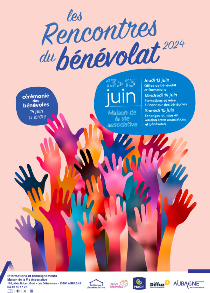 Affiche des Rencontres du bénévolat 2024 : un bouquet de mains de toutes les couleurs dressées vers le haut - Agrandir l'image, fenêtre modale