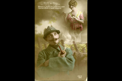 Un Poilu fume une pipe en regardant en l'air, dans la fumée de la pipe, une femme tenant des fleurs. Texte en haut à gauche : Rêve du Poilu. Mignonne, tu sais bien pour qui mon cœur palpite. A qui bon effeuiller la blanche marguerite. - Agrandir l'image 2 sur 3, fenêtre modale