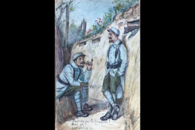 Un poilu est assis en train de fumer la pipe et un autre debout les mains dans les poches dans une tranchée. Légende : "Pourvu qu'ils tiennes ! Qui ça ? Les civils..." - Agrandir l'image 1 sur 2, fenêtre modale