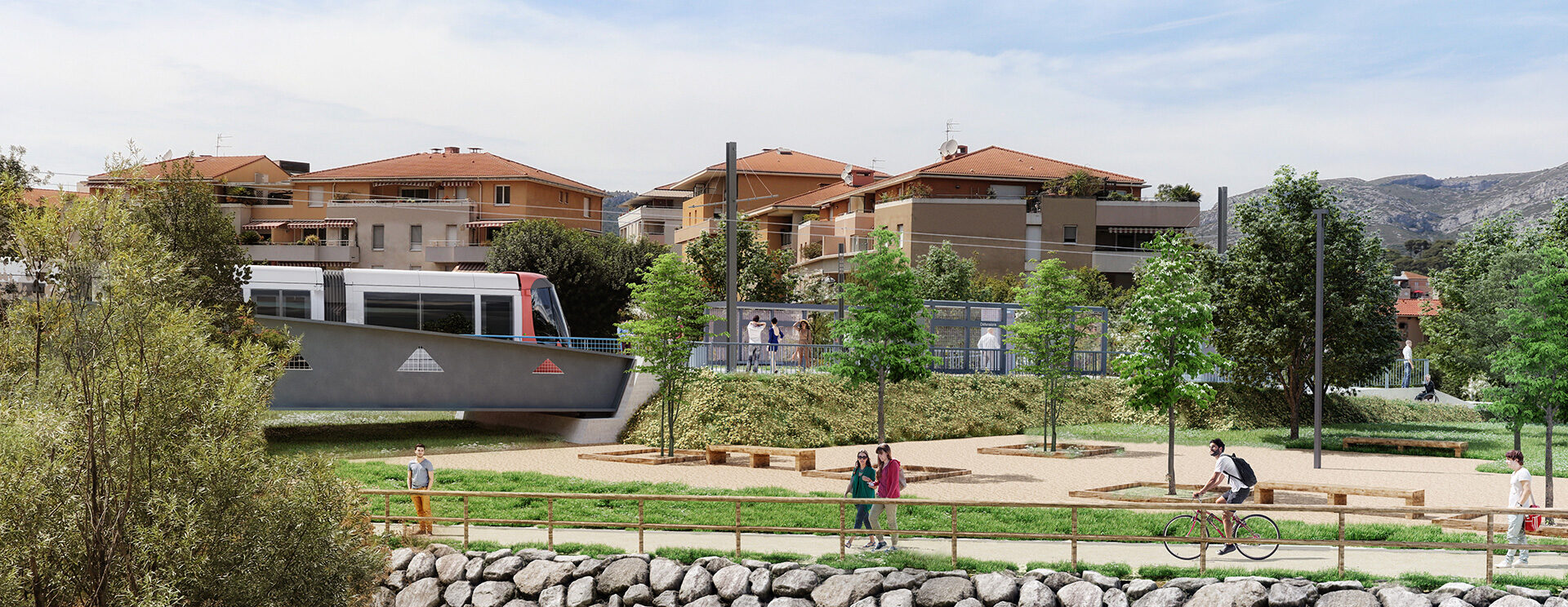 Esquisse du Val'Tram traversant l'Huveaune sur un nouveau pont au niveau des Défensions