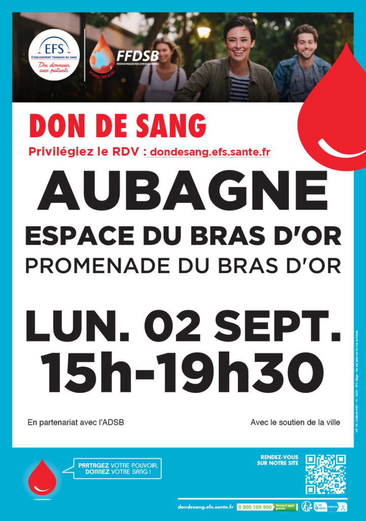 Affiche pour le don du sang du 2 septembre 2024 à Aubagne - Agrandir l'image, fenêtre modale