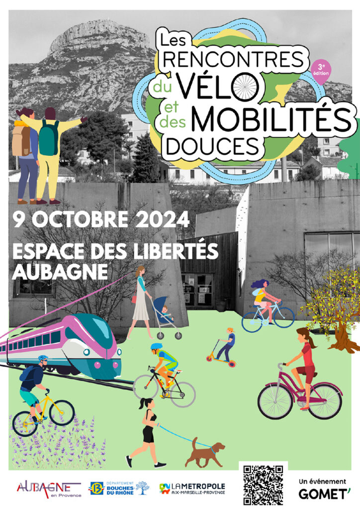 Affiche des Rencontres du vélo et des mobilités douces le 9 octobre 2024 à l'Espace des Libertés d'Aubagne. Devant une photo de la façade de l'Espace des Liberté sont dessiéns des moyens de transport tels que le train, le vélo, la trottinette... - Agrandir l'image, fenêtre modale