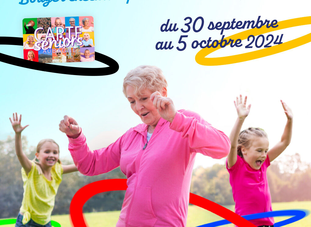 La Semaine Bleue 2024 à Aubagne. Une grand-mère et deux jeunes filles font du hula hoop avec les anneaux olympiques