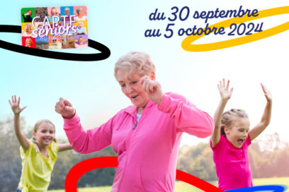 La Semaine Bleue 2024 à Aubagne. Une grand-mère et deux jeunes filles font du hula hoop avec les anneaux olympiques - Agrandir l'image, fenêtre modale