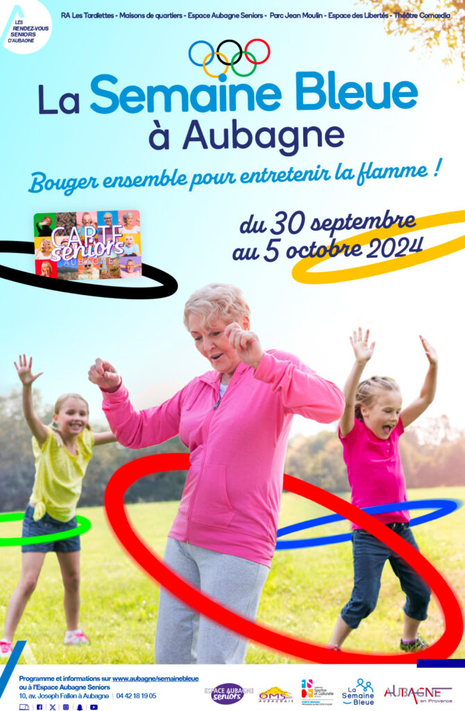 La Semaine Bleue 2024 à Aubagne. Une grand-mère et deux jeunes filles font du hula hoop avec les anneaux olympiques - Agrandir l'image, fenêtre modale
