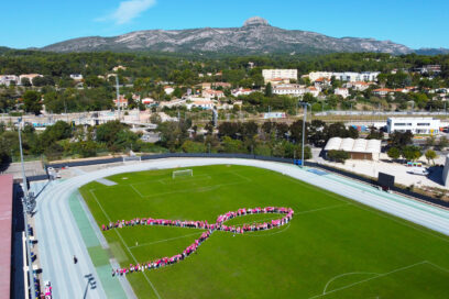 Noeud rose géant sur le stade de Lattre de Tassigny - Agrandir l'image, fenêtre modale