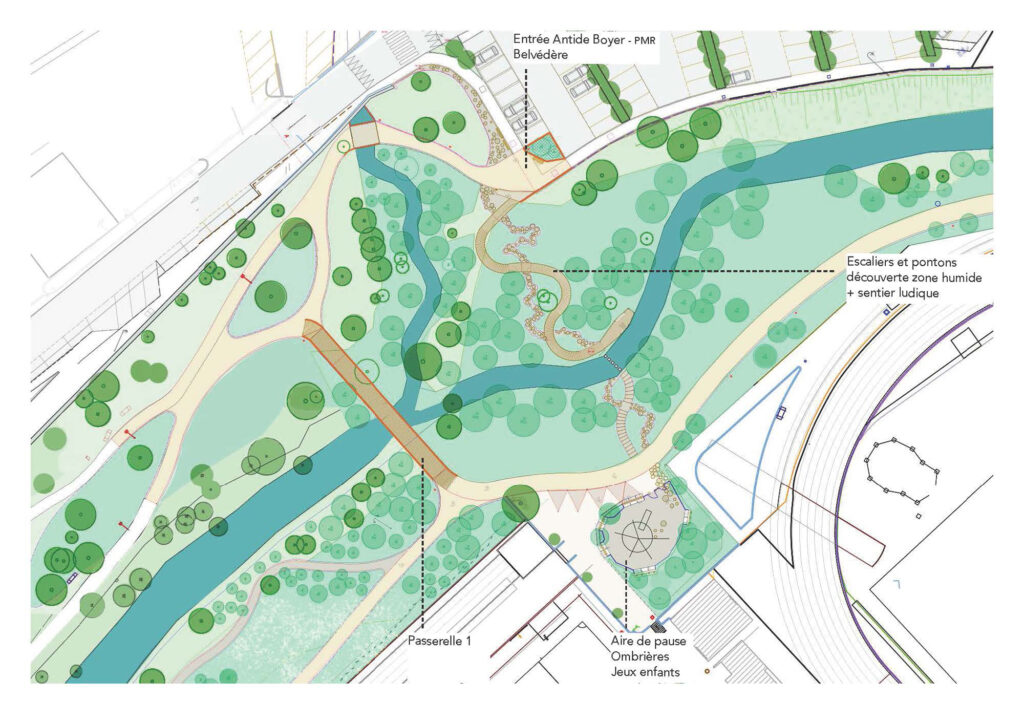 Plan du futur parc de l'Huveaune, marqué par la création d'un méandre et la restauration des rives des Lignières. - Agrandir l'image, fenêtre modale