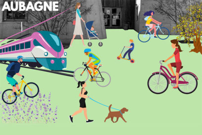 Illustration des rencontres du vélo et des mobilités douces le 9 octobre 2024 à l'Espace des Libertés d'Aubagne : train, cyclistes, trottinettes, poussette, joggeuse suivant un chien en laisse - Agrandir l'image, fenêtre modale