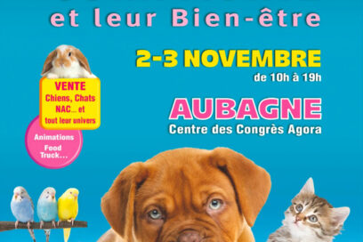 L'affiche du salon des animaux de compagnie qui se déroule les 2e t 3 novembre 2024 au centre de congrès Agora d'Aubagne - Agrandir l'image, fenêtre modale