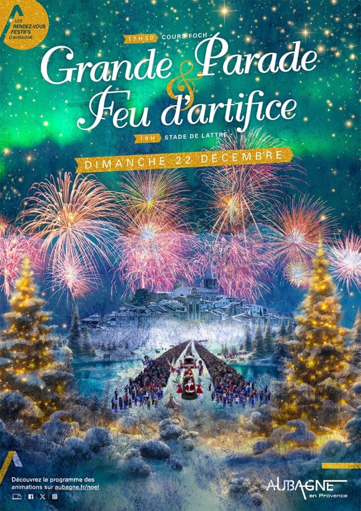 Affiche de la grande parade du Père Noël et du feu d'artifice 2024 à Aubagne  - Agrandir l'image, fenêtre modale