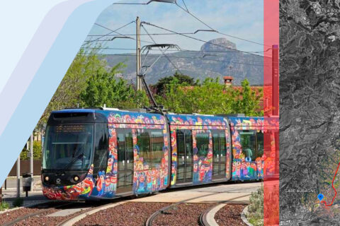 Visuel du tramway d'Aubagne (avec le Garlaban en arrière-plan) qui circulera entre Aubagne et la Bouilladisse sur la future ligne du Val'Tram