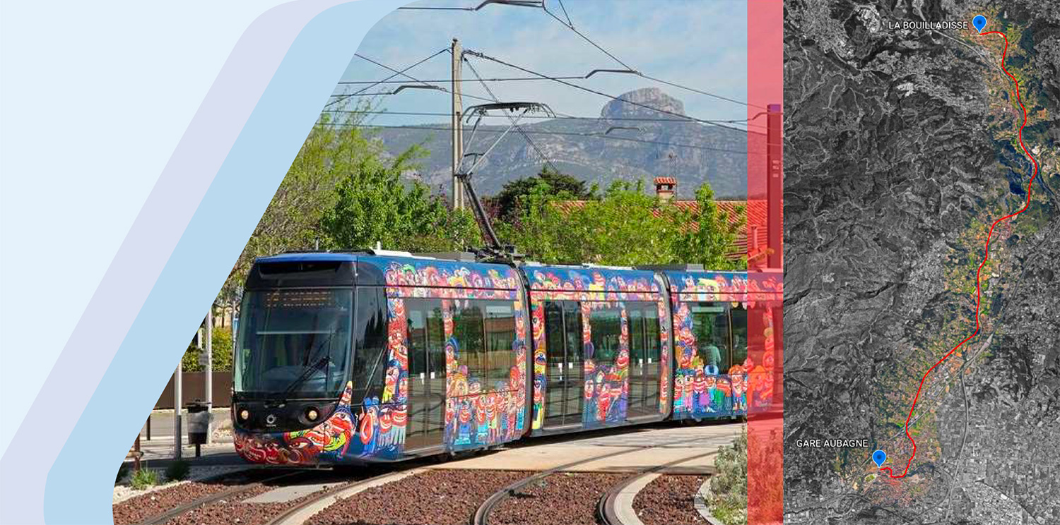 Visuel du tramway d'Aubagne (avec le Garlaban en arrière-plan) qui circulera entre Aubagne et la Bouilladisse sur la future ligne du Val'Tram