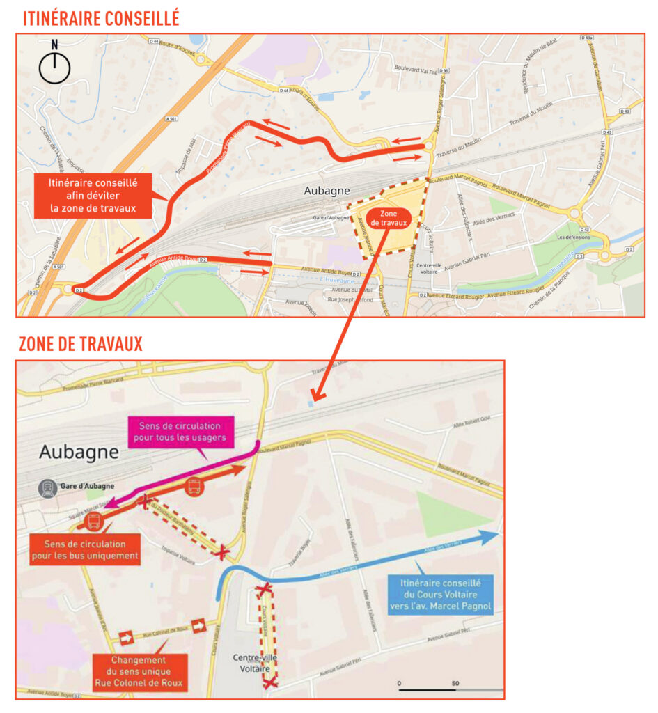 Plans des travaux du Val'Tram mars 2025 dans le quartier de la gare d'Aubagne - Agrandir l'image, fenêtre modale