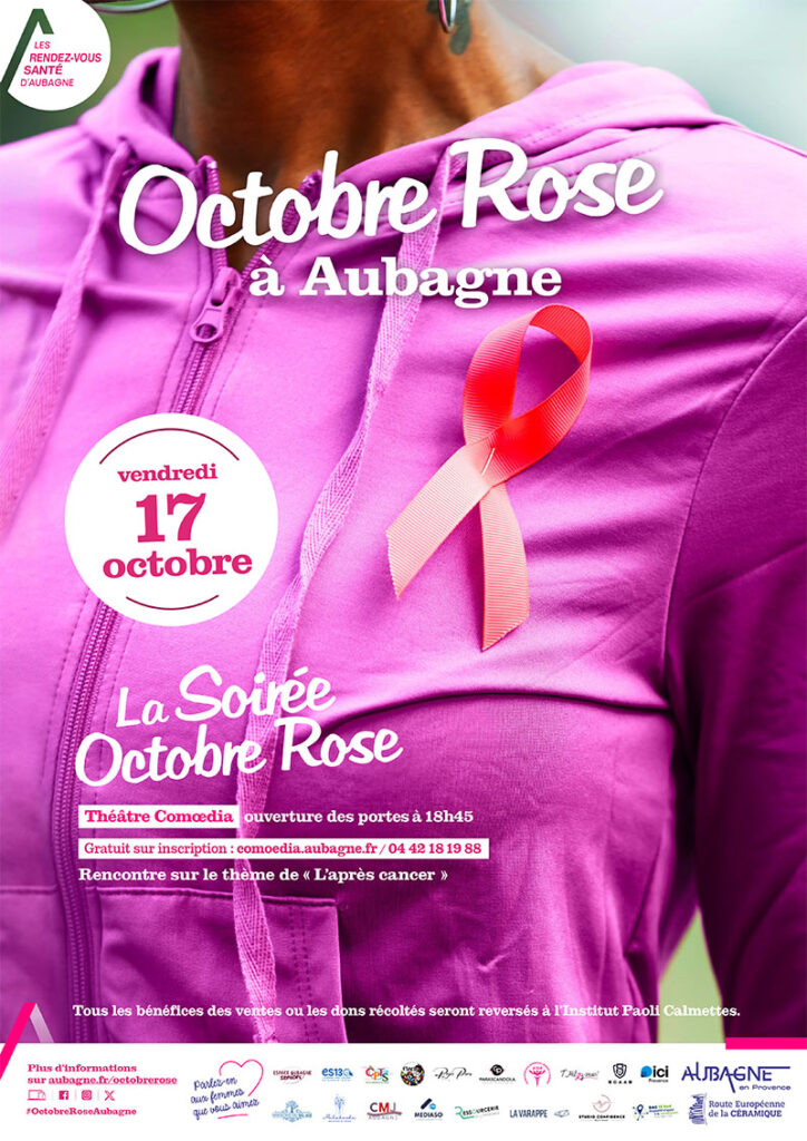 Affiche d'Octobre Rose 2025 à Aubagne - Buste d'une femme avec un gilet rose à fermeture éclair, sur lequel se trouve accroché un nœud rose au-dessus du cœur. - Agrandir l'image, fenêtre modale