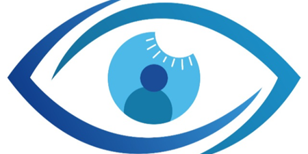 Dessin bleu d'un yeux avec dans la pupille un bonhomme