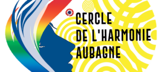 Dessin visage bleu avec cercle jaune derrière et inscrit : cercle de l'harmonie aubagne