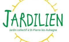 Jardilien écrit en gros en vert avec un soleil jaune en fond