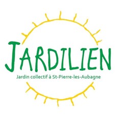 Jardilien écrit en gros en vert avec un soleil jaune en fond