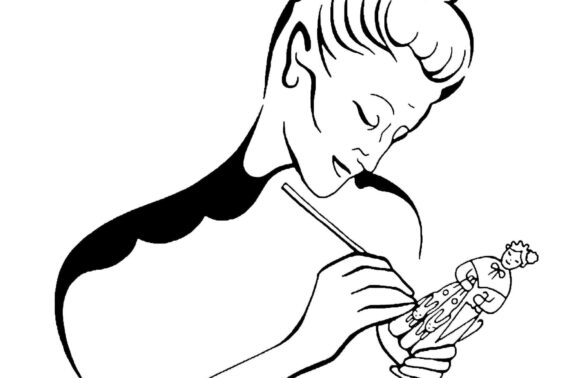 Dessin de Thérèse Neveu entrain de peindre un santon