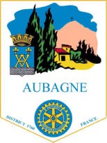 Blason avec un cabanon au pied du Garlaban avec 2 Pins et une roue représentant le rotary club