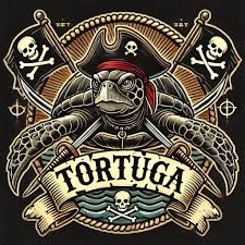 Tortue déguisée en pirate avec drapeaux et sabres de pirates