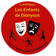 Deux masques de théâtre noir et blanc avec 3 bonhommes qui dansent et écrit la compagnie les enfants de dionysos