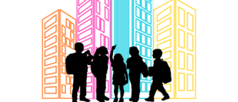 Dessin coloré de 4 immeubles avec devant des étudiants