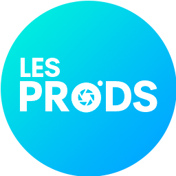 rond bleu turquoise, avec nom LES PRODS écrit en blanc au centre