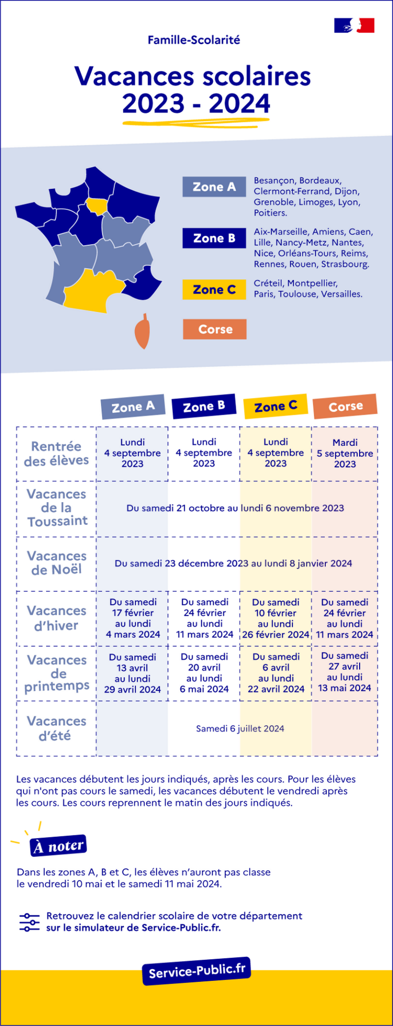 Vacances scolaires 2023-2024 par zones (visuel issu du site service-public.fr) - Agrandir l'image, .JPG 1 Mo (fenêtre modale)