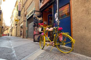 Du mobilier commercial, cela peut-être par exemple un joli vélo aux accents bucoliques pour marquer l'entrée d'une boutique - Agrandir l'image, .JPG 913 Ko (fenêtre modale)