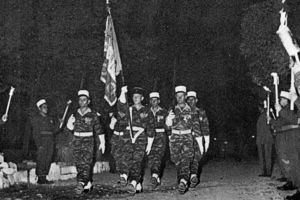 Des soldats marchent, le premier brandissant le drapeau du 1er Régiment Etranger. Autour d'eux, des soldats forment une haie et tiennent des flambeaux - Agrandir l'image, .JPG 1 Mo (fenêtre modale)
