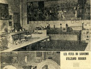 Au-dessus : vue générale de l'exposition dans l'ancienne salle des mariages de l'Hôtel-de-Ville, en dessous : deux plats entourent une grande cruche. Les trois objets représentent des santons - Agrandir l'image, .JPG 839,4 Ko (fenêtre modale)